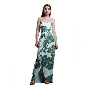 L O B Mexican Boutique Strapless Green & White Floral Leaf Maxi Dress
